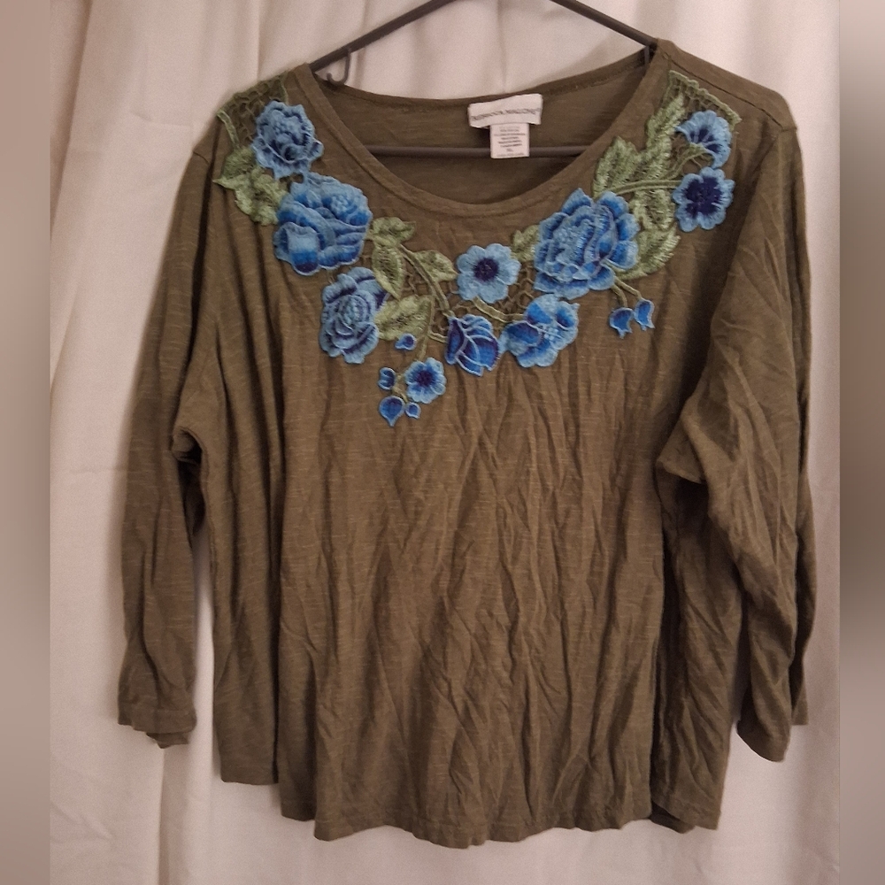Rebecca Malone Green Top with Blue Floral Embroidery